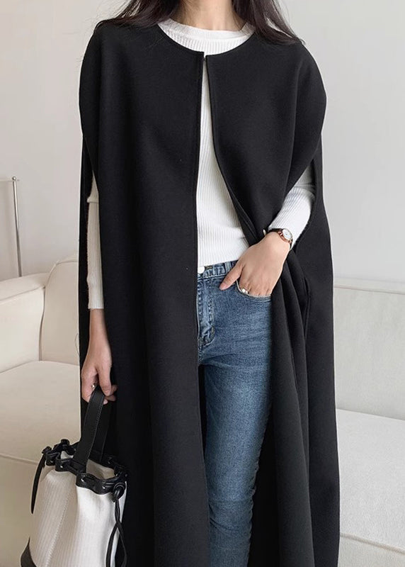 Oversized Pockets Sleeveless Woolen Coats Black
