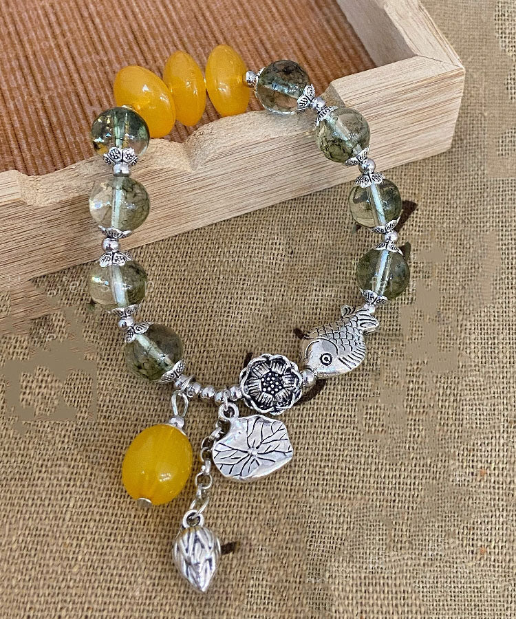 Silk Sterling Silver Crystal Little Fish Playing With Lotus Tassel Charm Bracelet