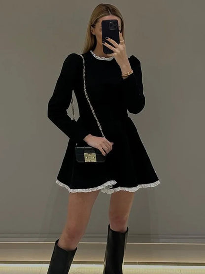 Splice Lace Mini Dress for High Waist Slim Dresses Femme Wedding Retro Temperament Dress Clothes New