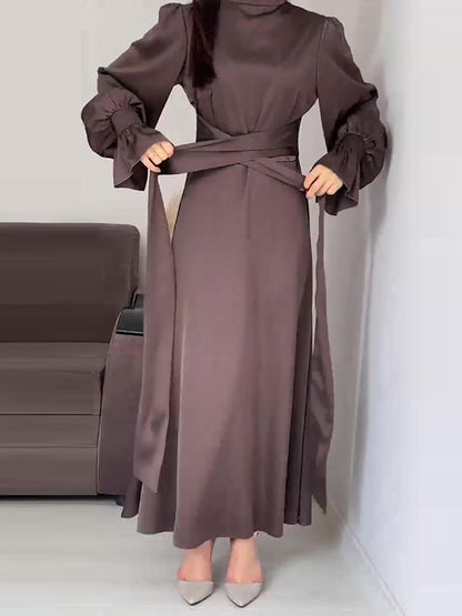 A-line Long Sleeves Pleated Color Tied Waist Zipper Mock Neck Maxi Dresses