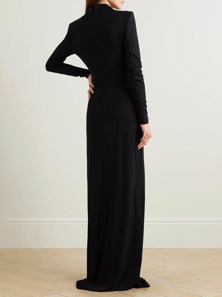 Long Sleeves Skinny Color Deep V-neck Maxi Dresses