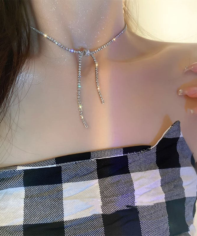 Silk Sterling Silver Zircon Bow Princess Necklace