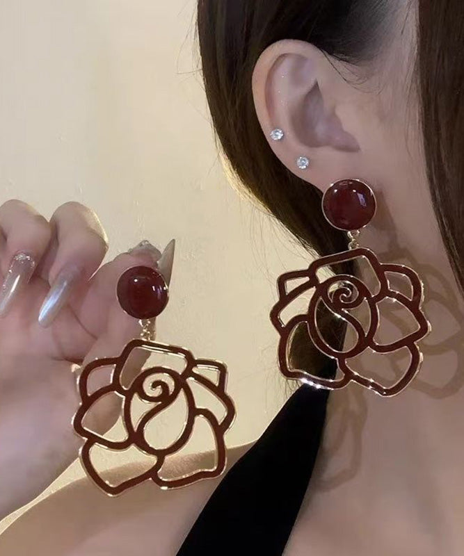 Oversize Red Alloy Resin Hollow Out Drop Earrings