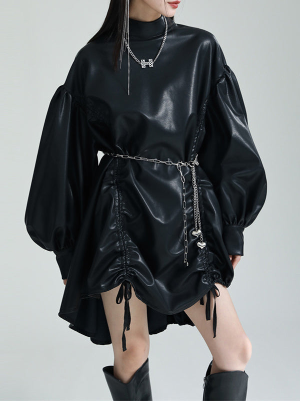 High-low Long Sleeves Drawstring Pleated Color Stand Collar Mini Dresses