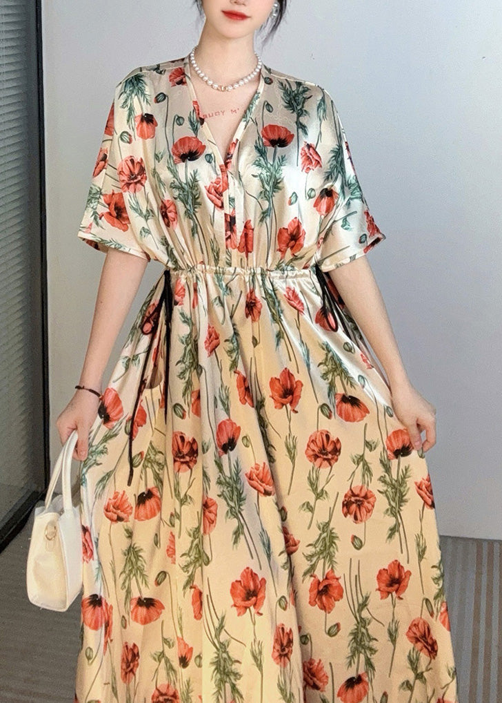 Handmade Apricot V Neck Print Cinched Holiday Long Dress Summer Ao1028
