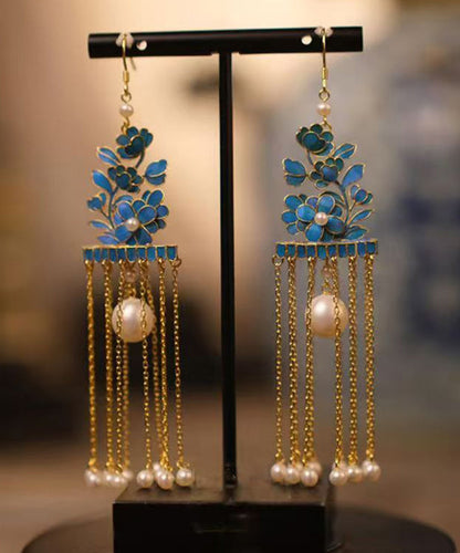 Gold Sterling Silver Overgild Enamel Pearl Tassel Drop Earrings