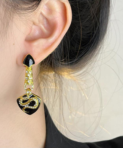 Black Ancient Gold Zircon Asymmetric Glazed Serpentine Shape Drop Earrings