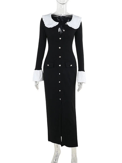 Ruffled Knit Long Dress High Waist Pocket Slim Lapel Patchwork Party Dress Female Autumn Maxi Dress