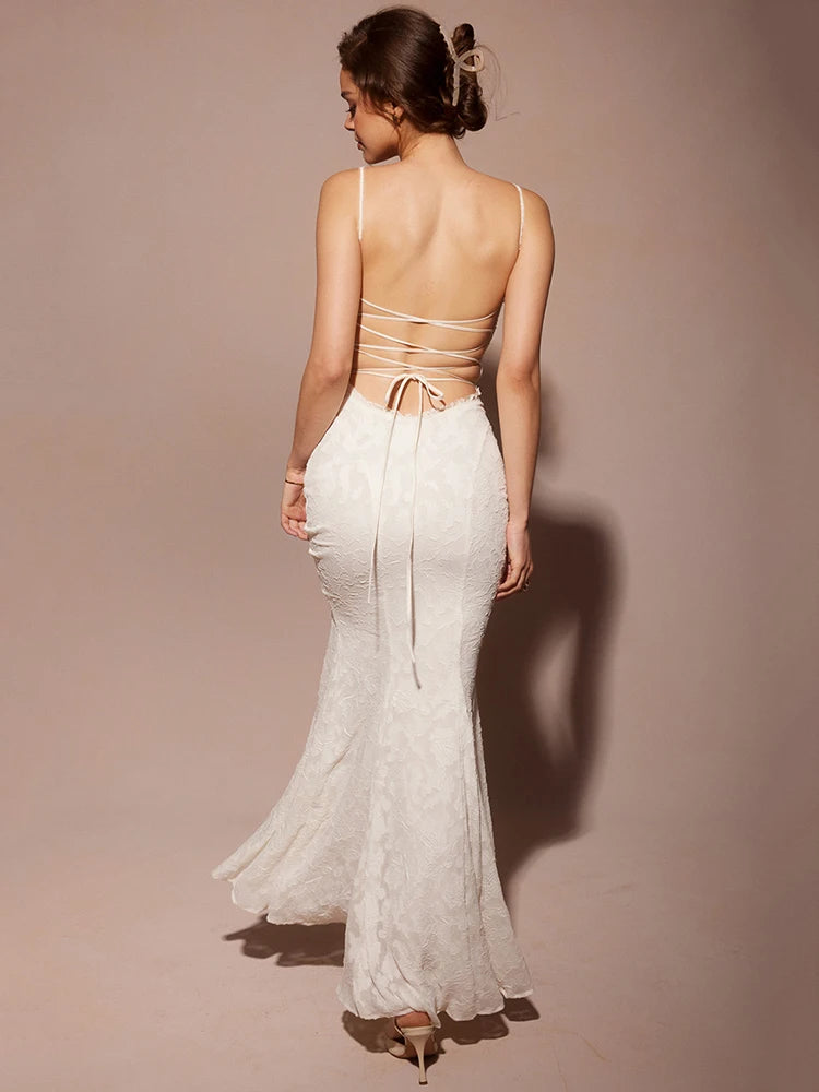 White Backless Lace-up Maxi Dress for Gown Summer New Spaghetti Strap Sleeveless Bodycon Party Long Dress