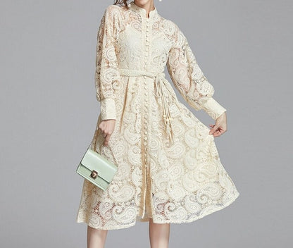 Apricot Cashew Flower Lace Embroidery Single Breasted Lantern Sleeve Midi Dress