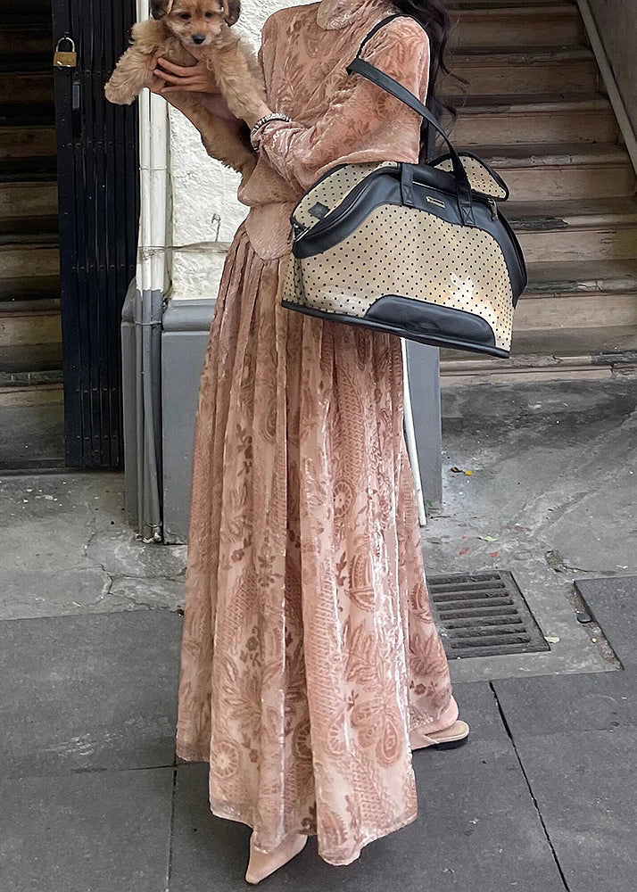 French Turtleneck Print Flattering Silk Velvet Long Dresses Fall Wd033