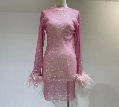 Weave Shiny Rhinestone Mini Dress See Through Cover-up Dresses Loose Club Dress