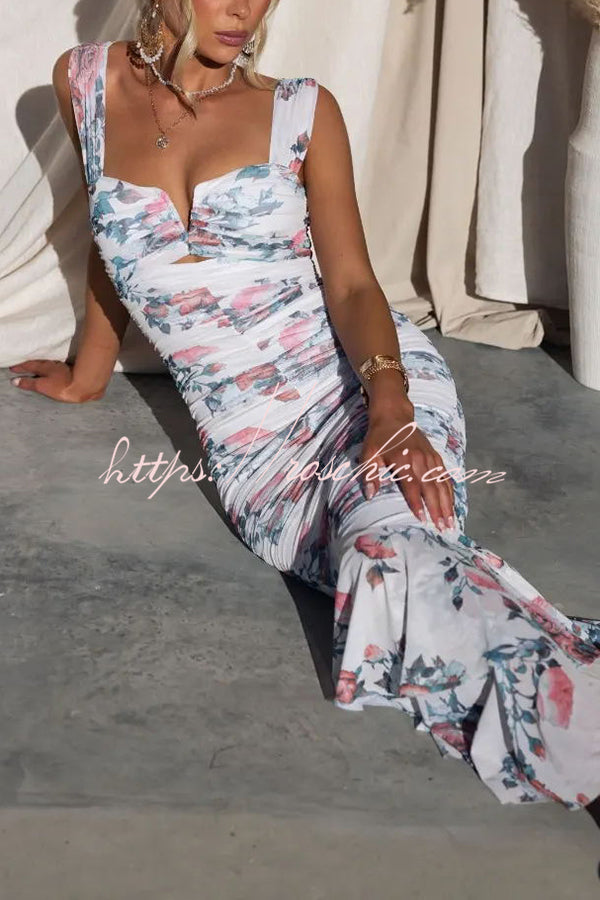 Styled to Perfection Ruched Mesh Overlay Ruffle Hem Maxi Dress