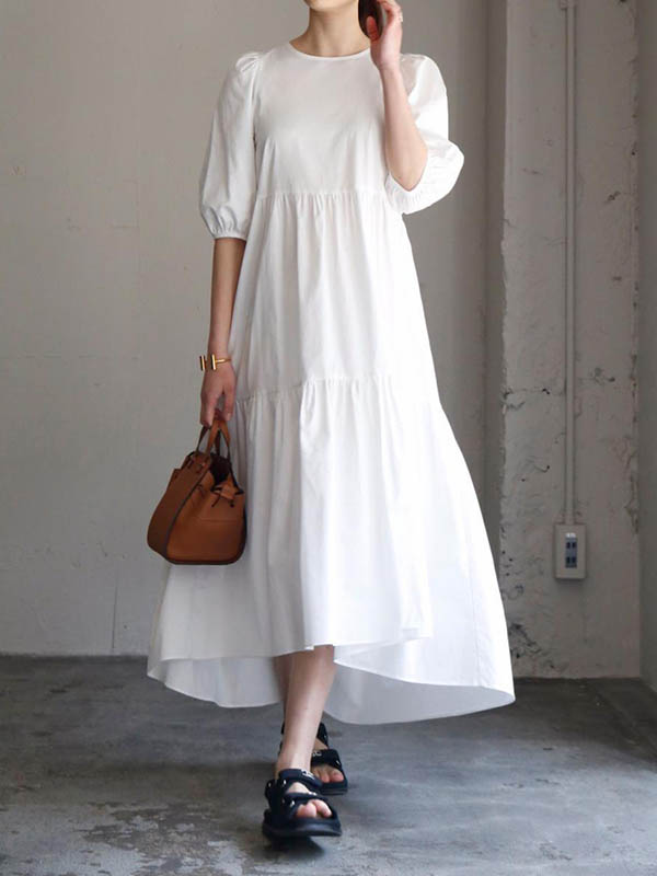 Half Sleeves Puff Sleeves Breathable See-through Color Round-neck Midi Dresses
