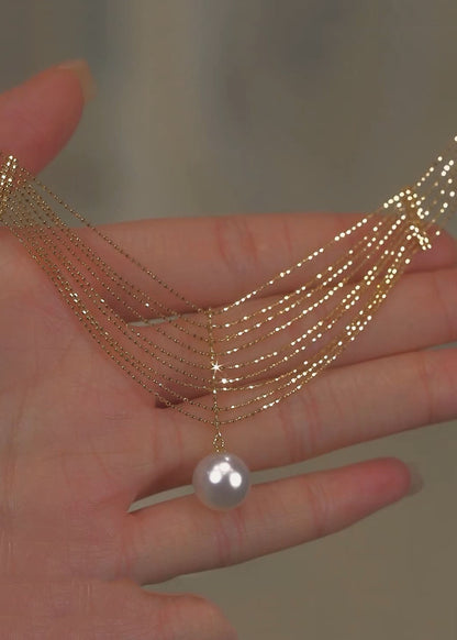 Gold Pearl Lace Tassel Pendant Necklace