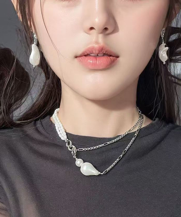 White Stainless Steel Pearl Chain Gratuated Bead Necklace