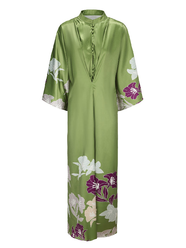 Batwing Sleeves Loose Printed Muslim Pleated Stand Collar Maxi Dresses
