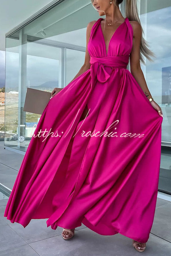Different Effects Satin Free Tie Neck Slit Maxi Dress