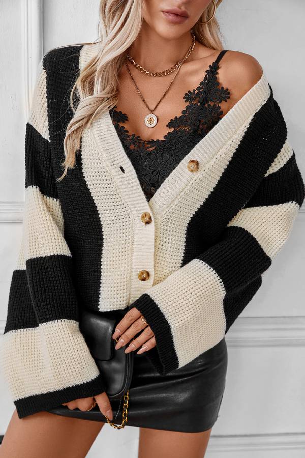 Contrast Striped Sweater Cardigan Autumn and Winter Loose Knitting Shirt
