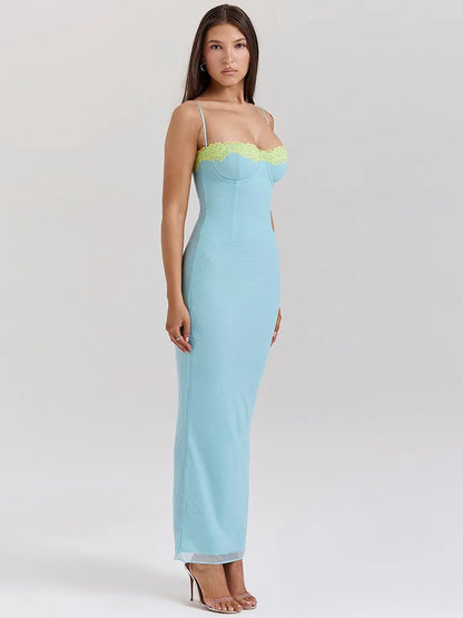 Lace Spaghetti Strap Bodycon Maxi Dress Gown Patchwork Sleeveless Backless Club Party Dress