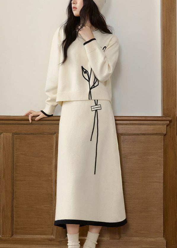 Stylish Beige O Neck Sweaters and Skirts Knit Two Pieces Set Winter Wv012