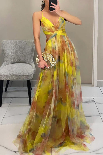Giselle Tulle Render Print Cutout Waist Back Lace-up Maxi Dress