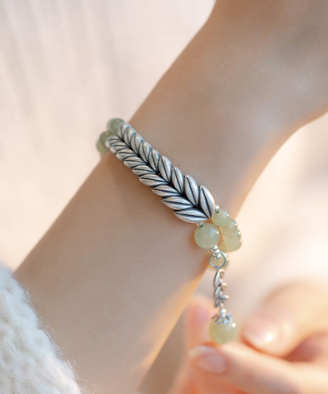 Retro Light Green Sterling Silver Jade Wheat Ear Chain Bracelet