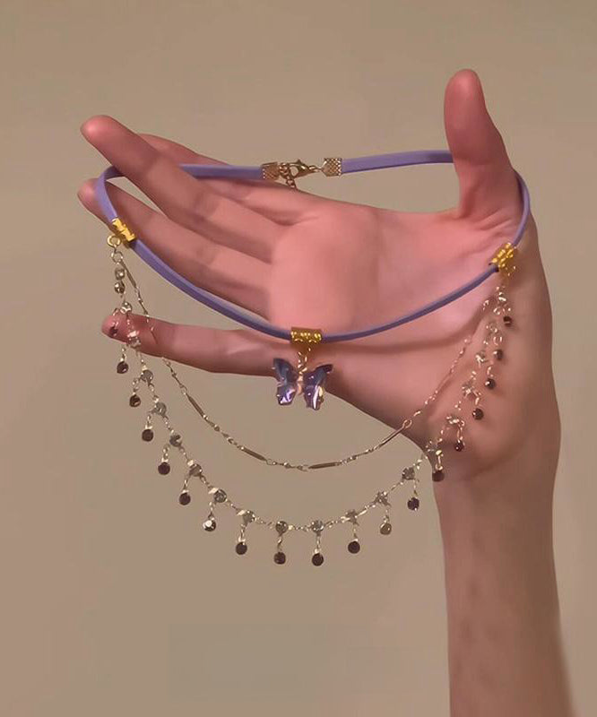 Purple Alloy Crystal Tassel Pendant Necklace
