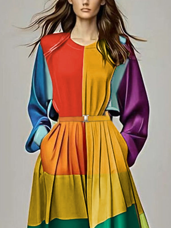 Long Sleeves Loose Colorful Striped Round-neck Maxi Dresses