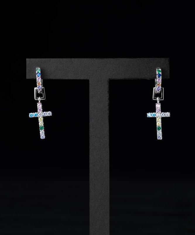 Rainbow Sterling Silver Zircon Cross Hoop Earrings