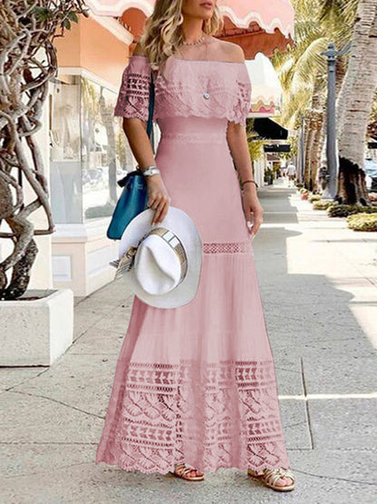 High Waisted Short Sleeves Hollow Color Split-joint Off-the-shoulder Maxi Dresses