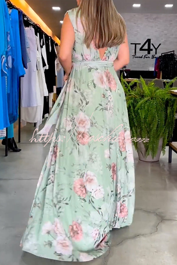Print V-neck Lace-up Maxi Dress
