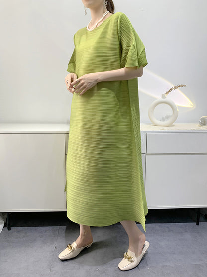 Loose Pleated Round-neck Midi Dresses