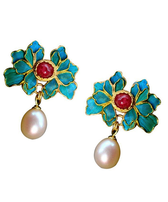 Blue Sterling Silver Overgild Pearl Cloisonne Agate Drop Earrings