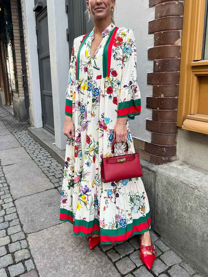 Resort Print Bell Sleeve Maxi Dress