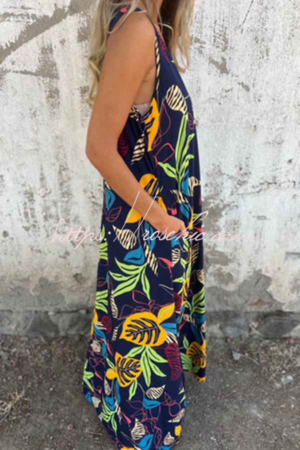 Botanical Print V-neck Pocket Loose Maxi Dress