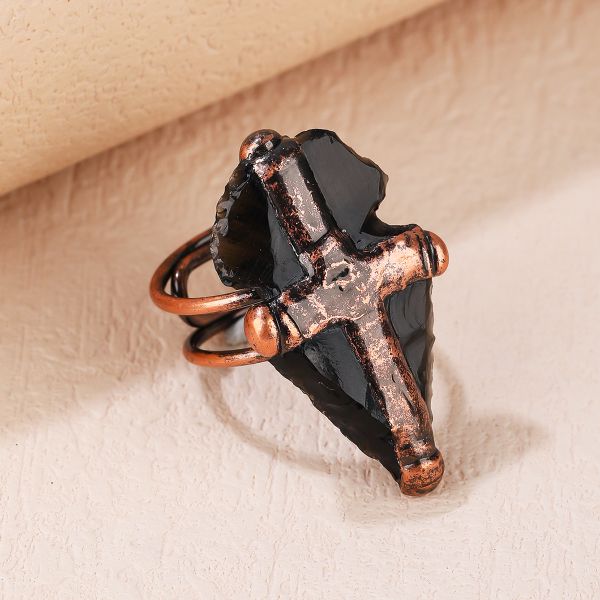 Natural Black Obsidian Cross Rings