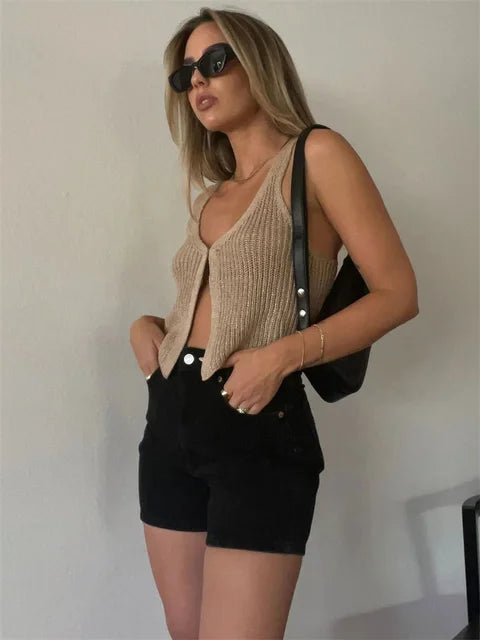Backless Knit Slim Cardigan Y2k Top for Sleeveless Knitwear Coat Tank Top Patchwork Cardigan