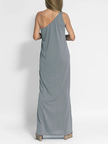 One-shoulder Slit Color Vest Maxi Dress