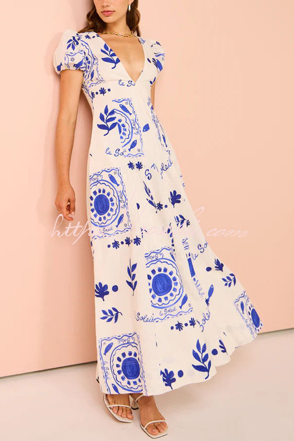 Embrace the Glamour Linen Blend Unique Print Puff Sleeve Pocketed Maxi Dress