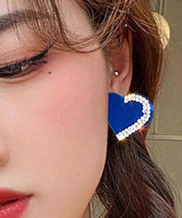Diy Klein Blue Silver Inlaid Zircon Love Stud Earrings