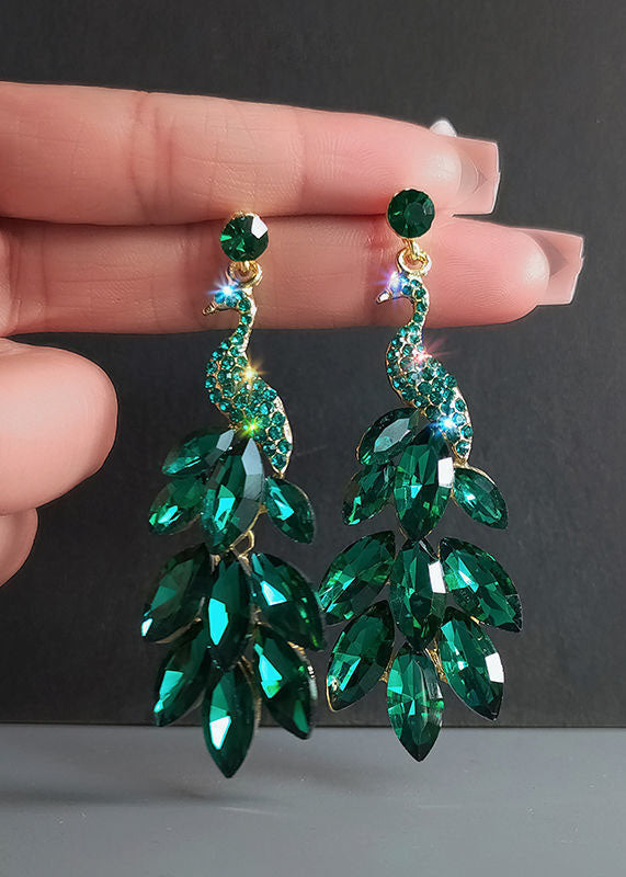 Green Crystal Peacock Flaunting Its Tail Drop Earrings