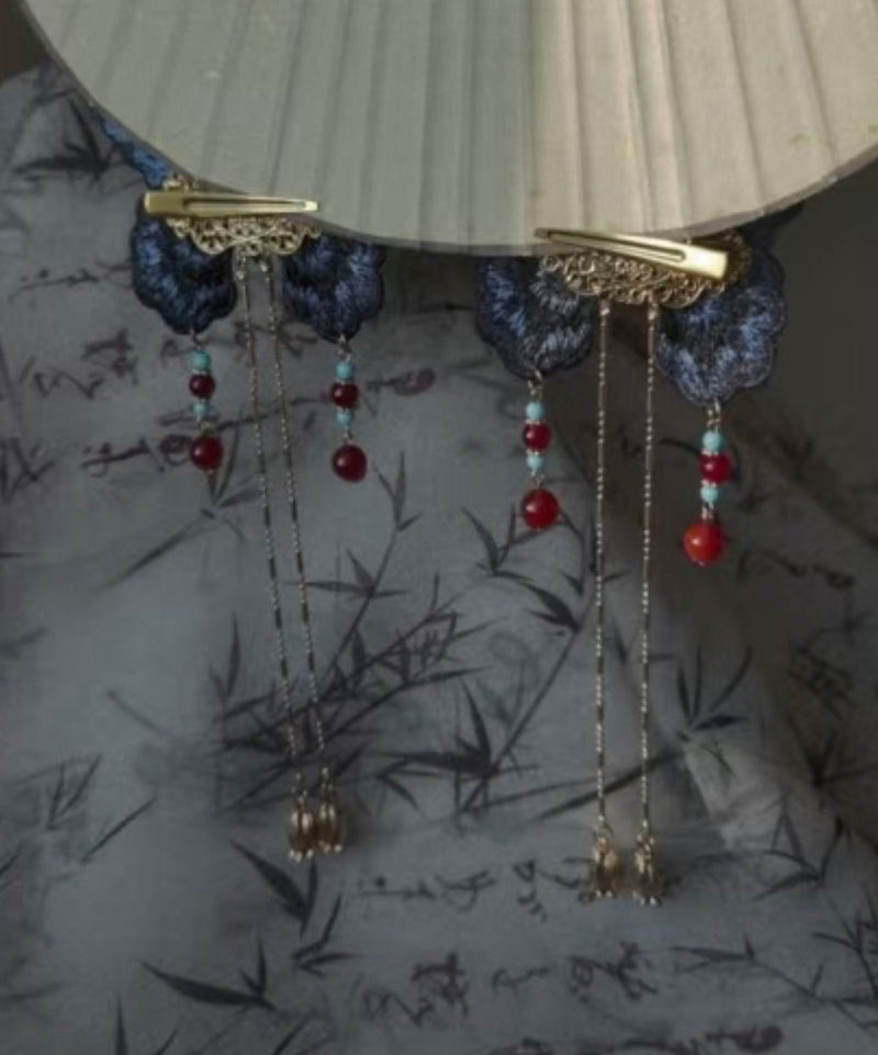 Original Design Blue Sterling Silver Overgild Embroidery Butterfly Tassel Hairpin