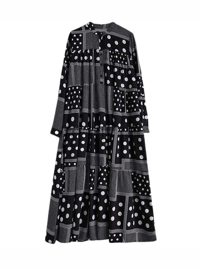 Long Sleeves Loose Buttoned Polka-dot Printed Split-joint Midi Dresses