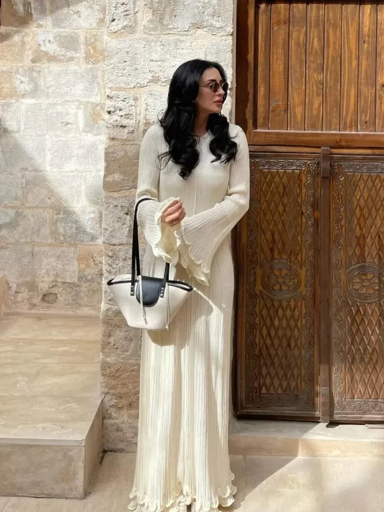 Autumn Ruffled White Maxi Dress Backless Lace-up Slim Ribbed Long Sleeve Patchwork Dress Knitwear Female Long Dress