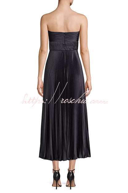 Love Note Satin Sweetheart Twist Off Shoulder Pleated Maxi Dress