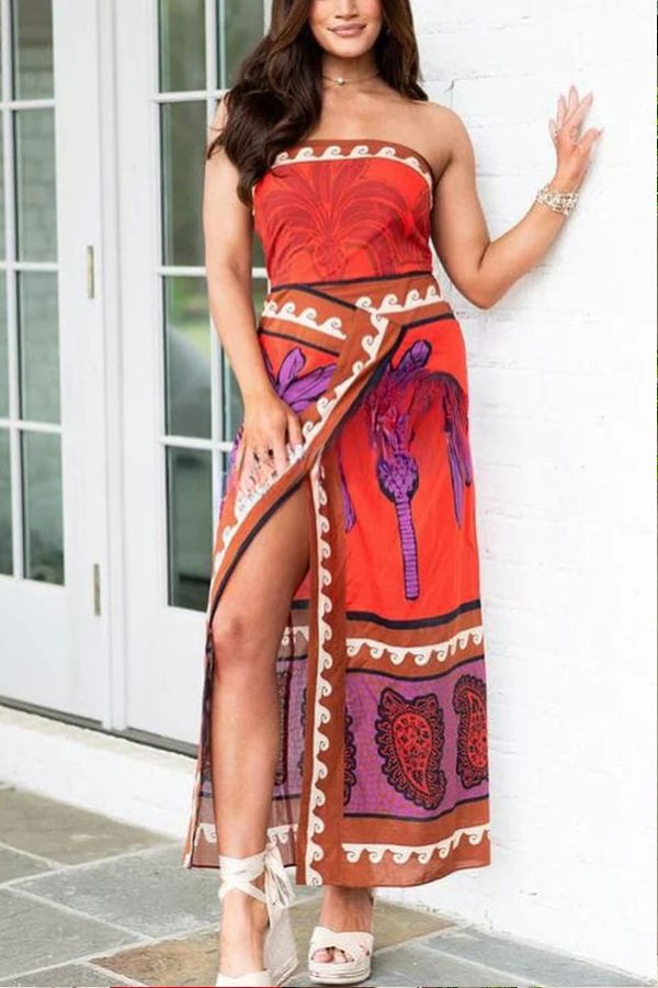 Botanical Print Stretchy Tube Top High Waist Slit Maxi Dress