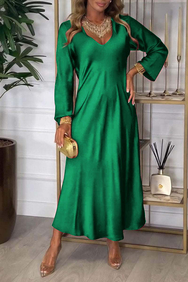 Color V-neck Long-sleeved Loose Draped Maxi Dress