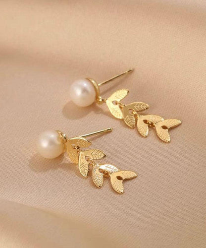Gold Sterling Silver Overgild Pearl Ear of Wheat Stud Earrings