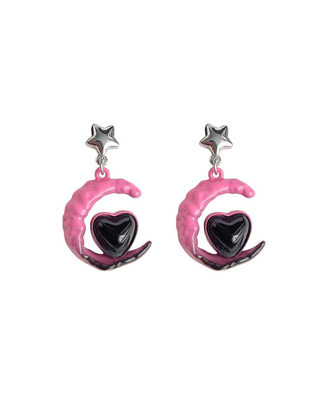 Gradient Color Pink Sterling Silver Alloy Glass Moon Love Drop Earrings